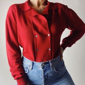VINTAGE Double Breasted Collared Red Cardigan Sweater Womens Medium